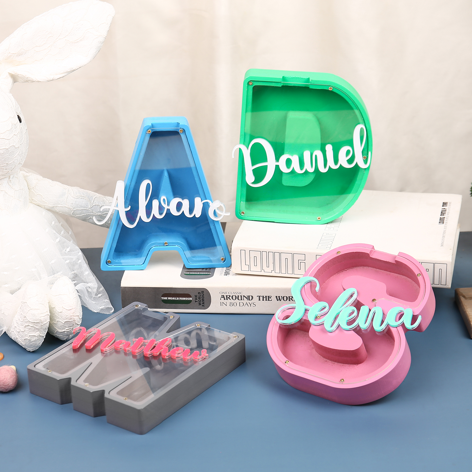 Alcancía de madera en forma de letras con 1 nombre personalizado hucha-Jessemade ES