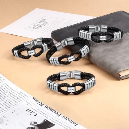Pulsera 1-7 Nombres Personalizados de Cuero Trenzado con Aros-Jessemade ES