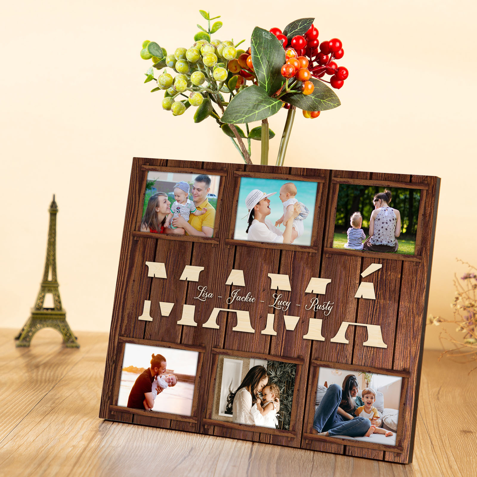 A mi mamá-Lámina marco de madera para mamá personalizado con 1 texto y 6 fotos-Jessemade ES