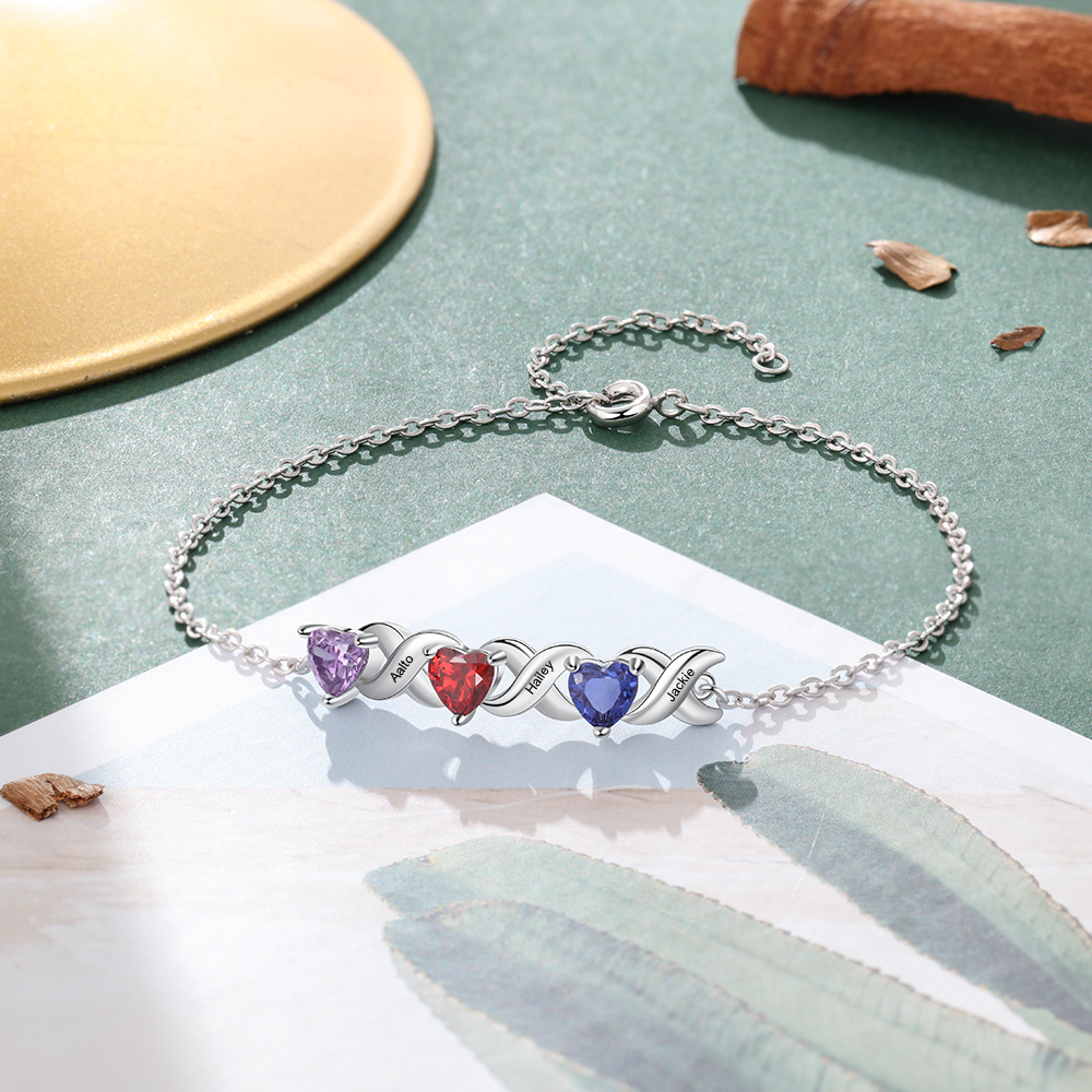 Pulsera infinito personalizada con 3 nombres y 3 piedras de nacimiento de corazón-Jessemade ES