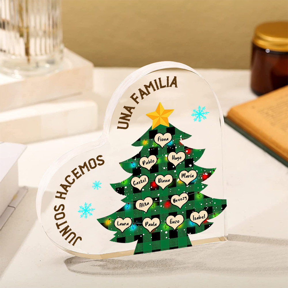 Navidad - Placa de acrílico en forma de corazón árbol con luces con 12 nombres personalizados-Jessemade ES