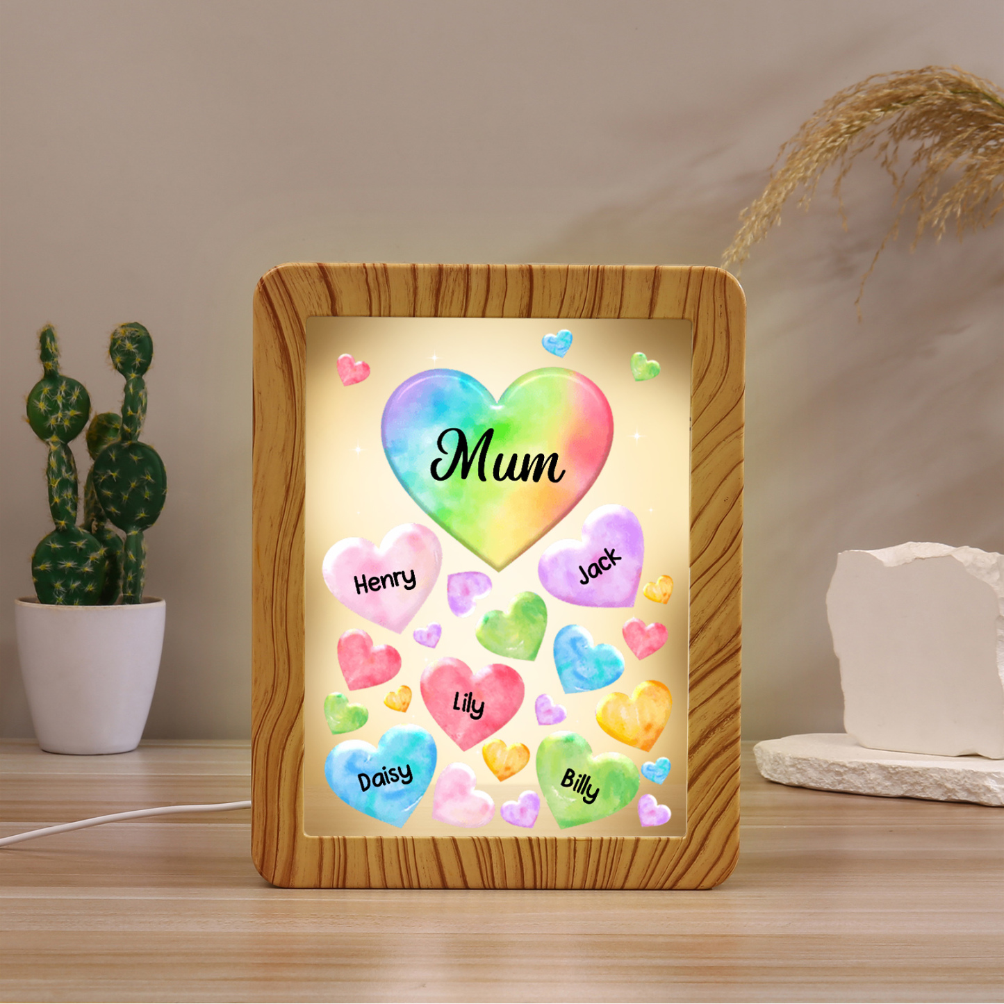 Marco/Espejo con LED Multifuncional Corazones 1-7 Nombres Personalizados con 1 Texto-Jessemade ES
