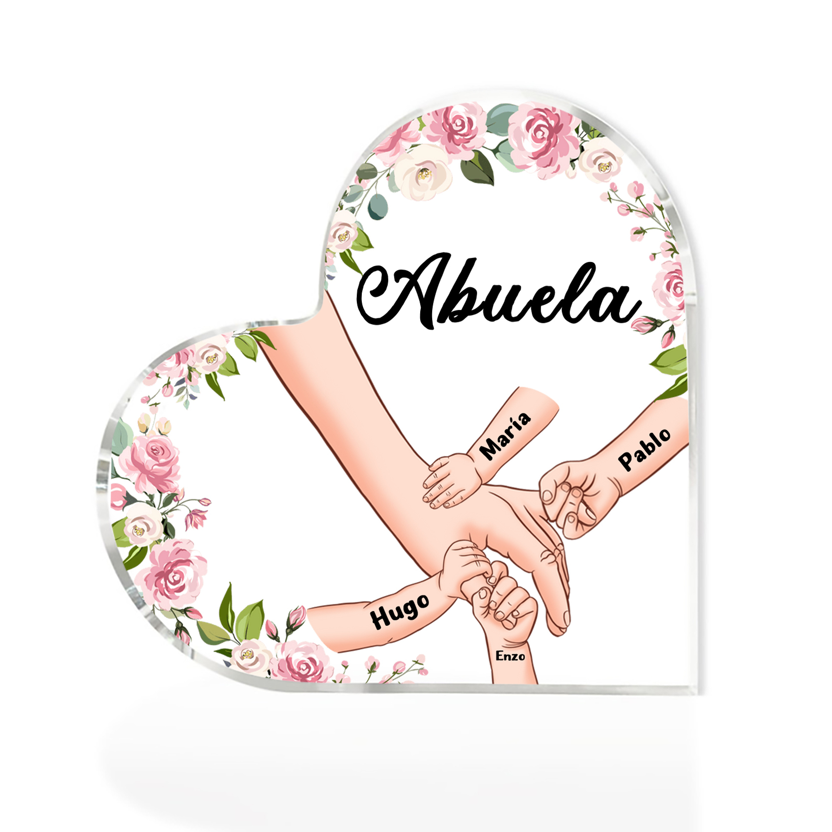 A mi mamá/abuela-Placa de acrílico en forma de corazón mano a mano con 1 texto y 4 nombres personalizados | Jessemade