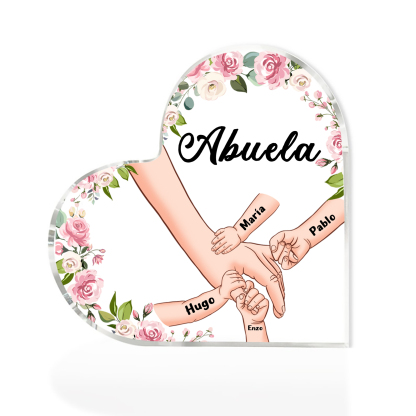 A mi mamá/abuela-Placa de acrílico en forma de corazón mano a mano con 1 texto y 4 nombres personalizados | Jessemade