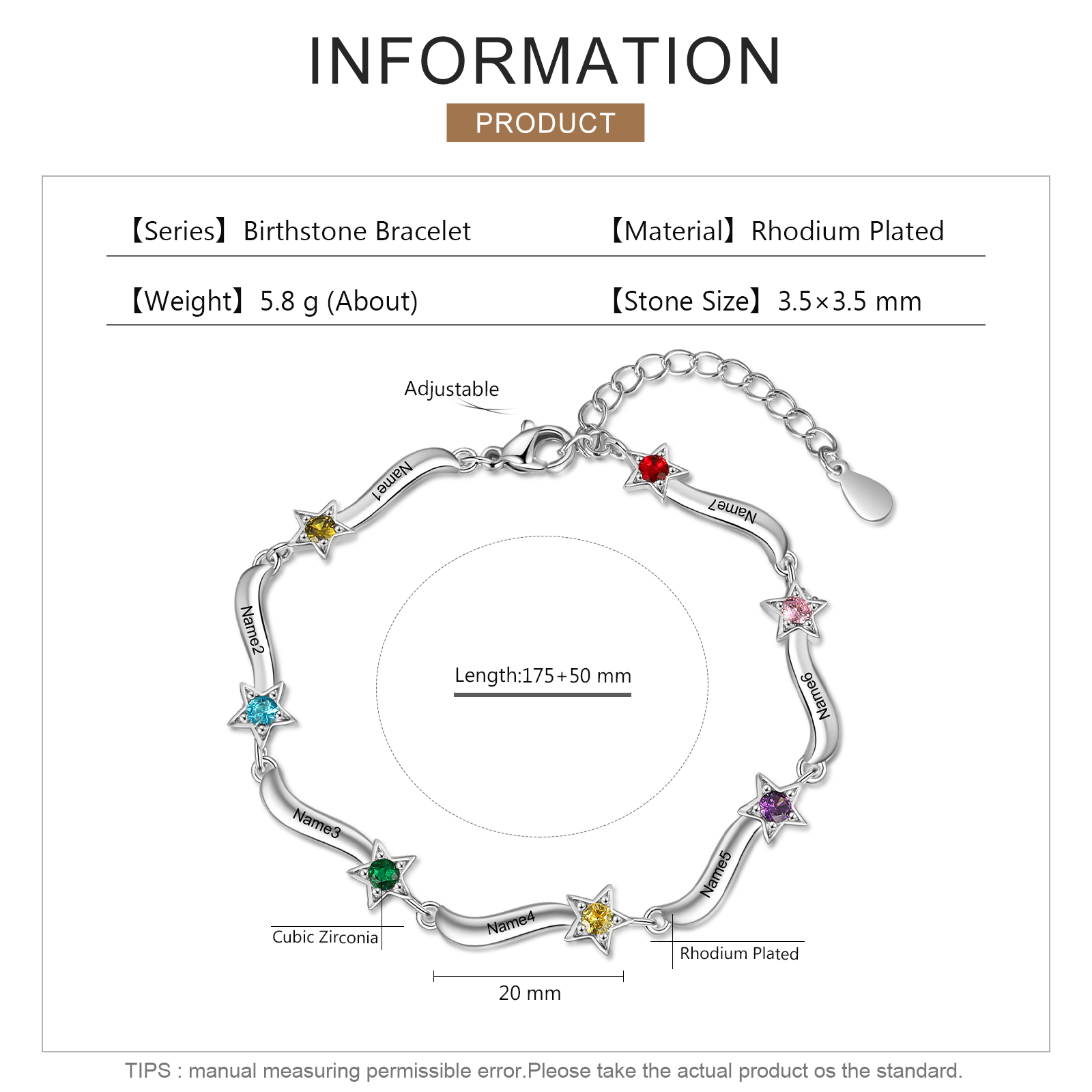 Pulsera Brazalete personalizada de 7 nombres y estrellas con 7 piedras de nacimiento-Jessemade ES