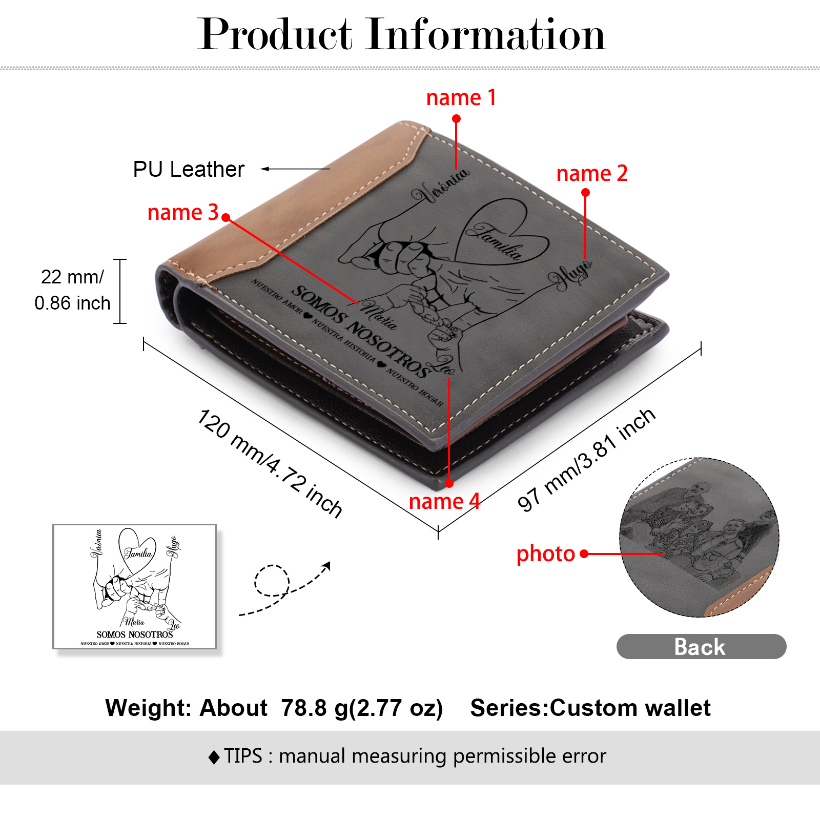 Cartera, billetera clásica 2-6 nombres personalizados mano a mano para hombre monedero-Jessemade ES