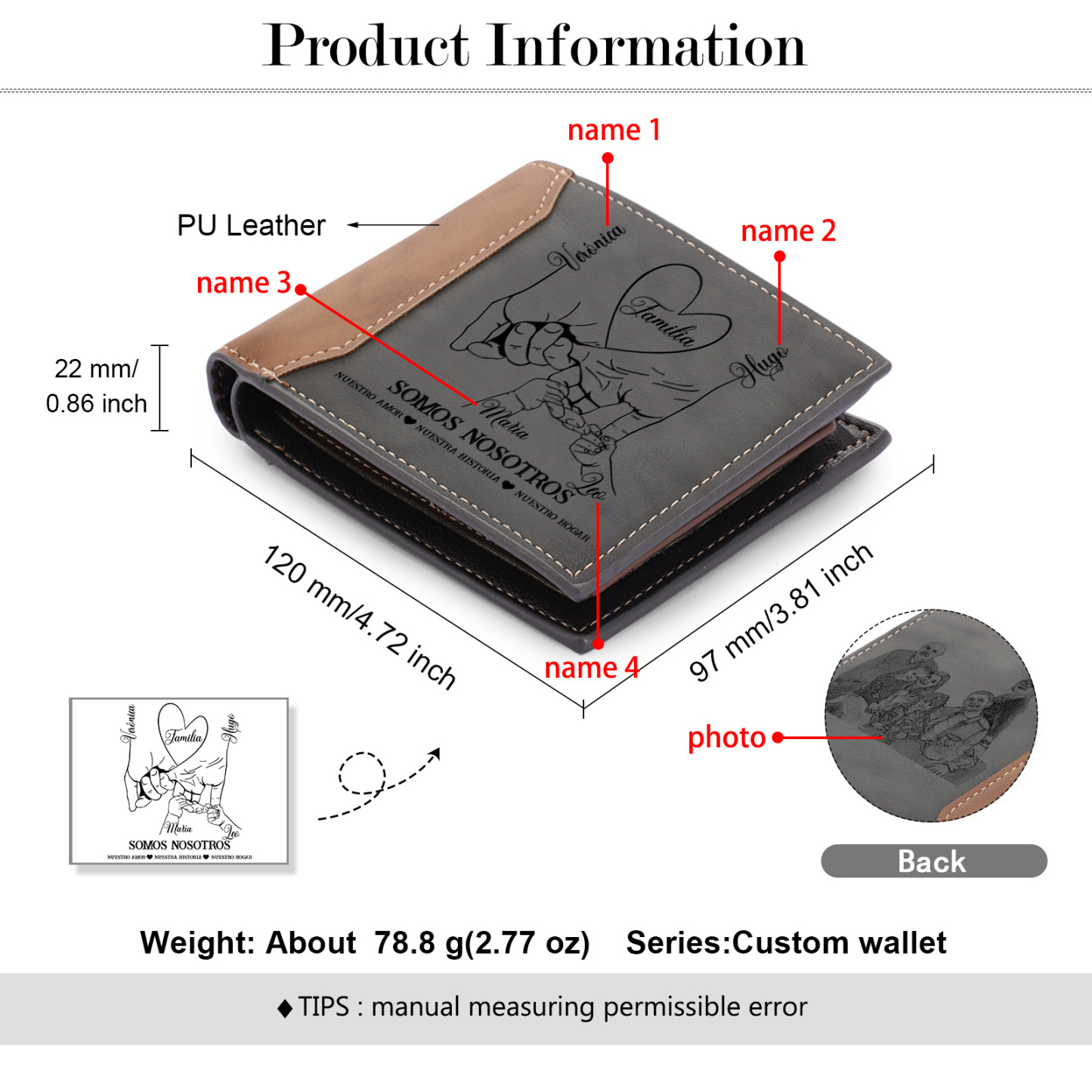 Cartera, billetera clásica 2-6 nombres personalizados mano a mano para hombre monedero-Jessemade ES