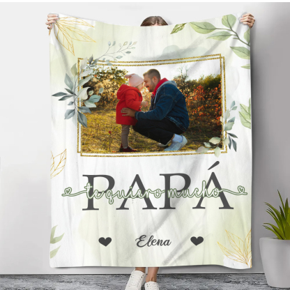 A mi padre de hij@-Manta de buen calidad con hojas personalizada con 1 foto y 1 nombre-Jessemade ES