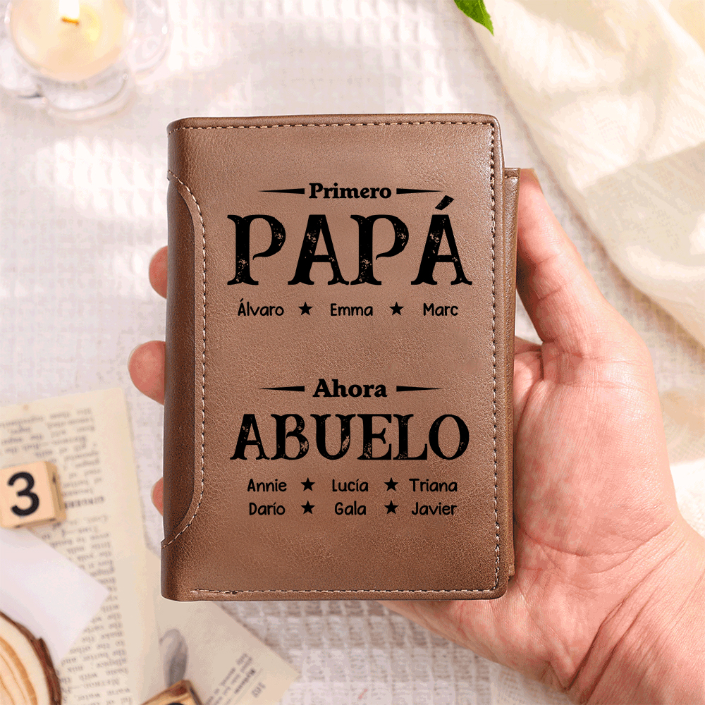 Cartera de hombre de cuero personalizada de tres pliegues con hasta 14 nombres: primero papá, ahora abuelo