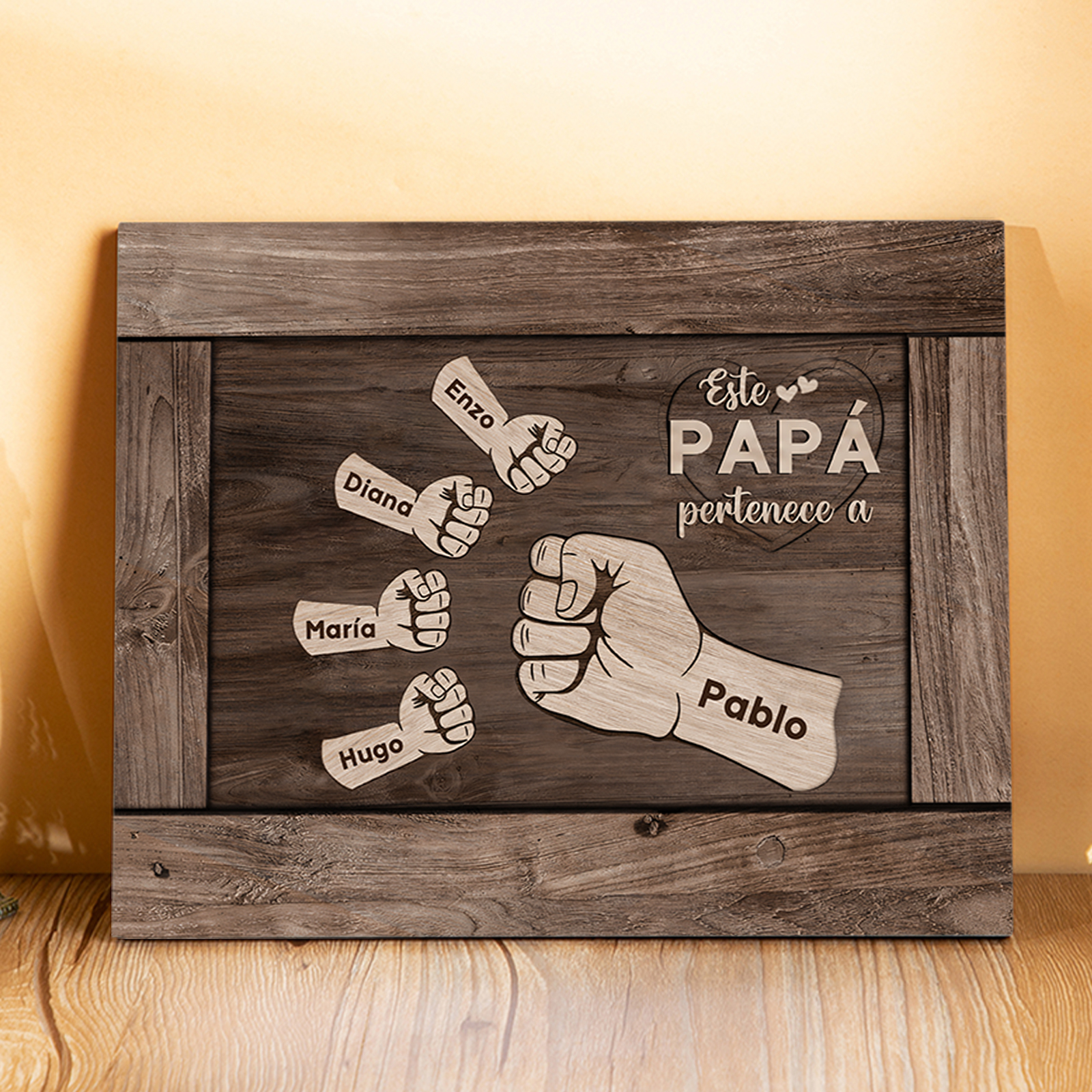 A mi papá - Lámina marco de madera puño con puño 5 nombres personalizados-Jessemade ES