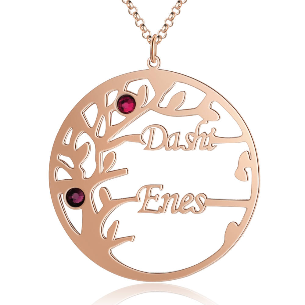 Collar de plata 925 Árbol de la Vida Árbol Genealógico 2 nombres y 2 piedras de nacimiento-Jessemade ES
