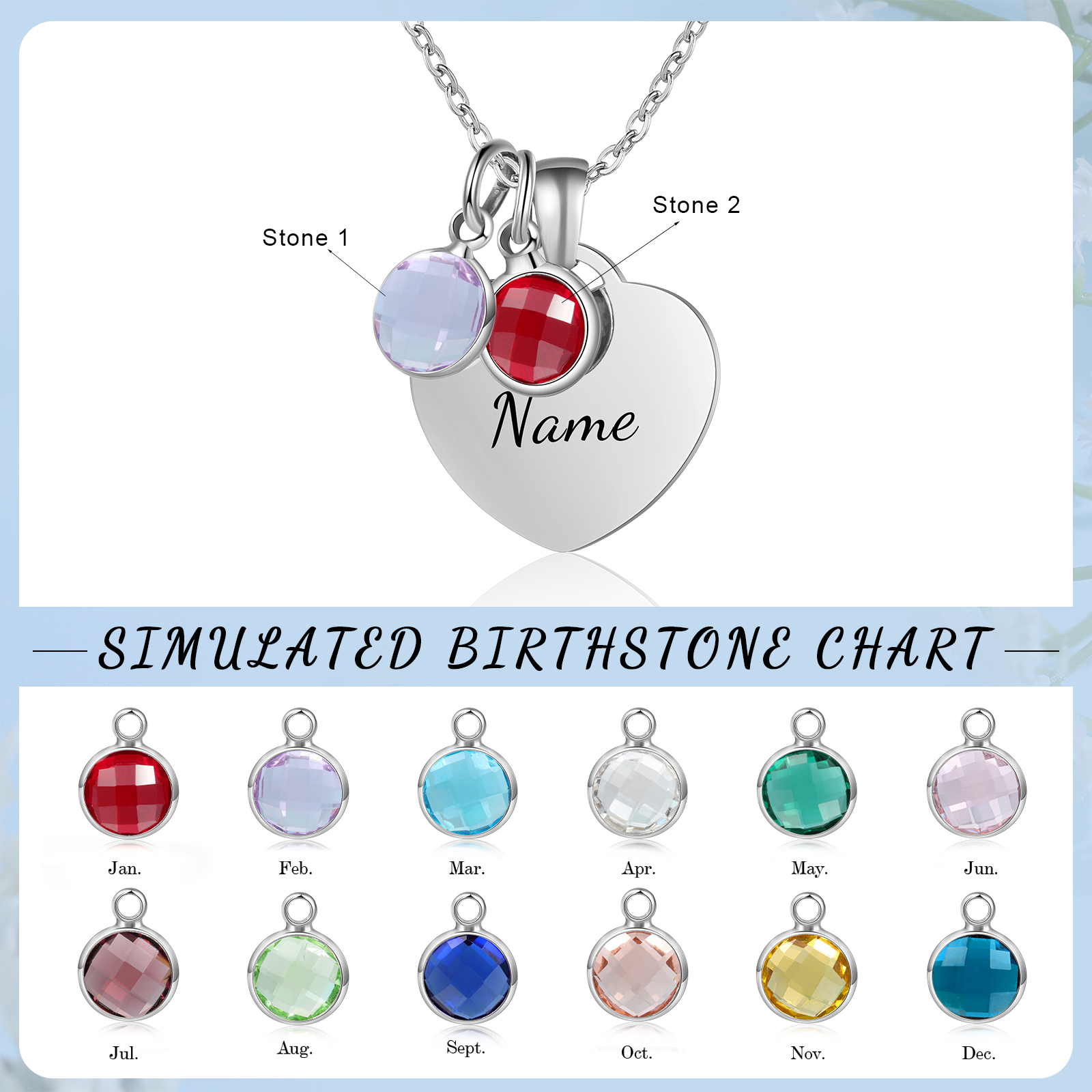 Collar de corazón con 1-3 colgantes de piedras de nacimiento con 1 nombre-Jessemade ES