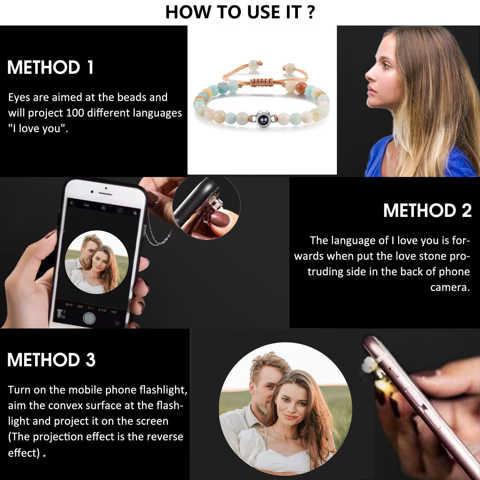 Pulsera de perlas de cristal con proyección de foto en color-Jessemade ES