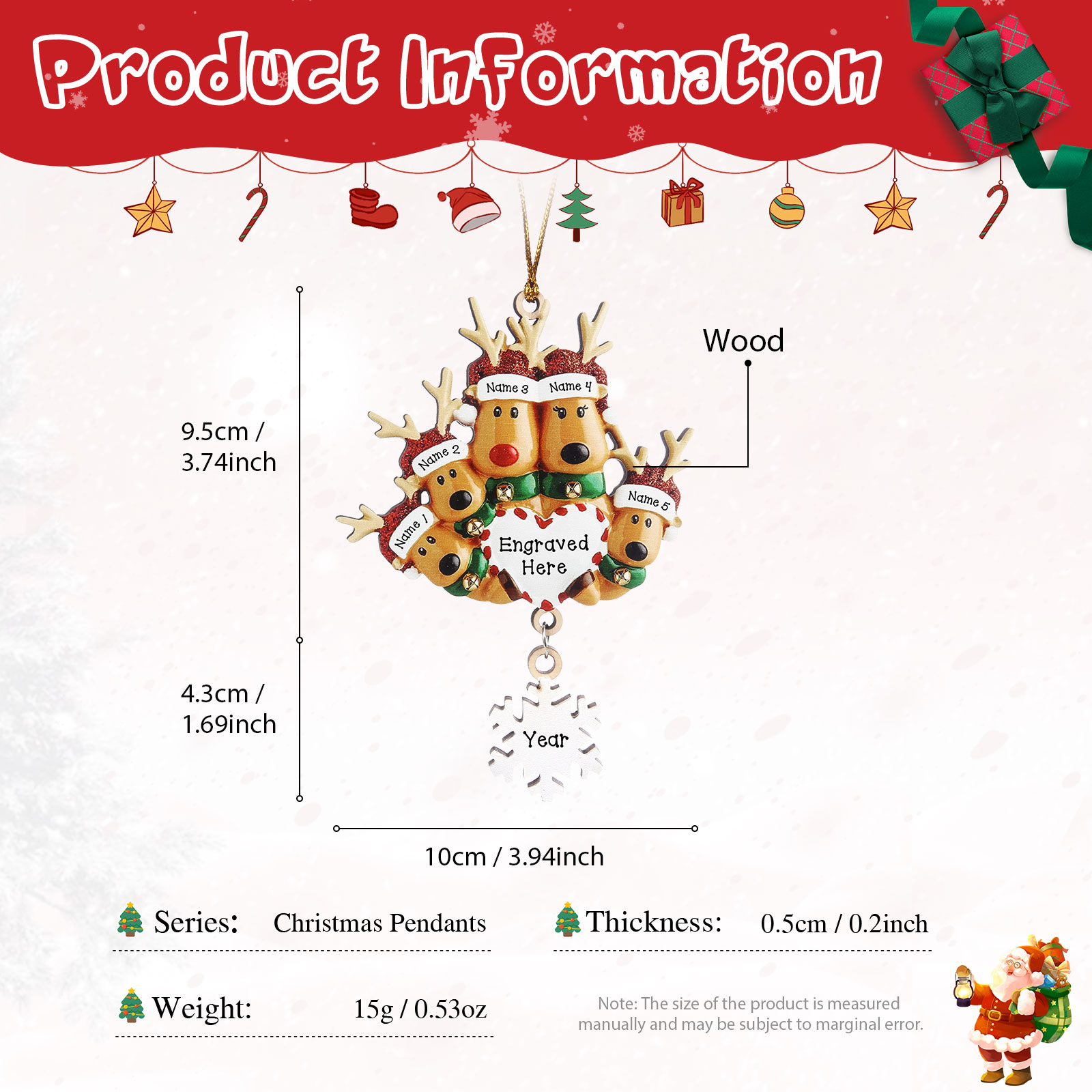 Navidad-Ornamentos Navideños de Madera Renos 5 Nombres con Texto y Año Personalizados