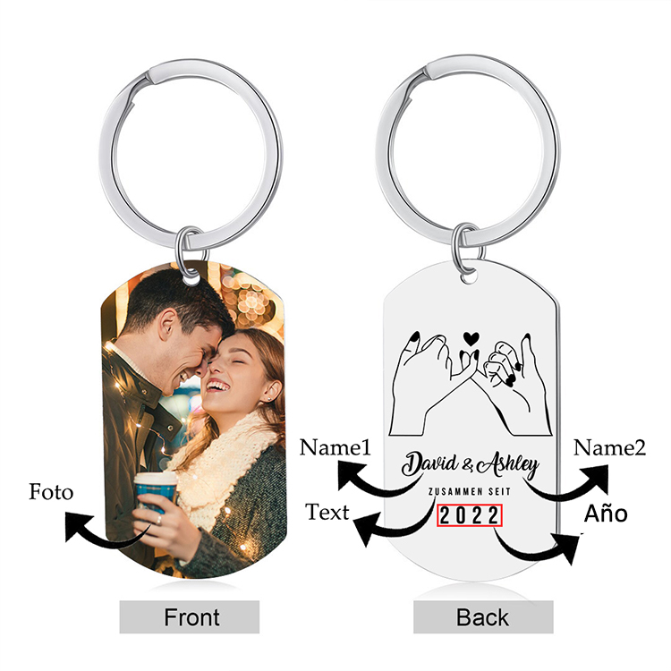 Llavero dedos cogidos personalizado con 2 nombres, texto, año y 1 foto para pareja-Jessemade ES