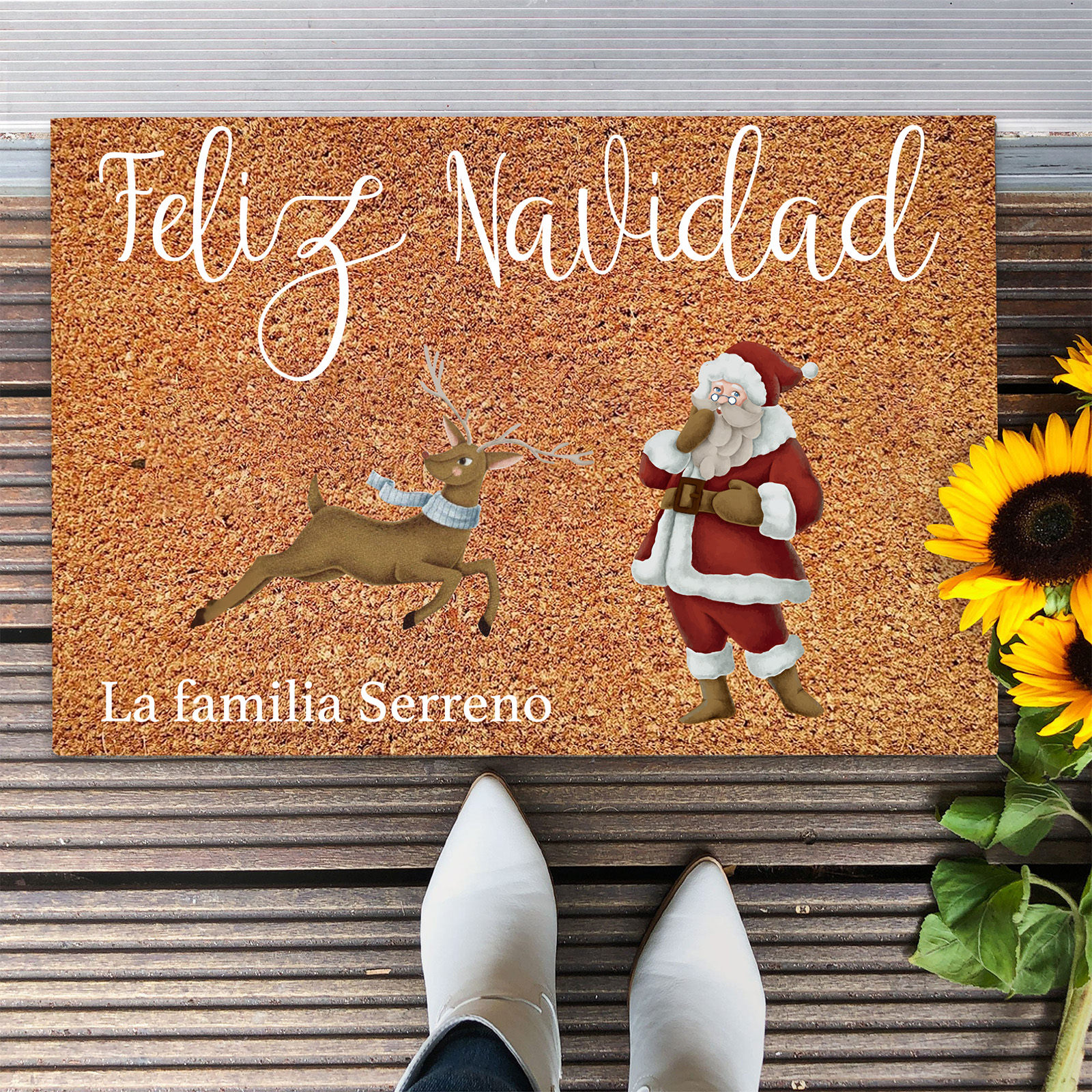 Navidad-felpudo/alfombra de entrada reno y Noel personalizado con 1 texto-Jessemade ES