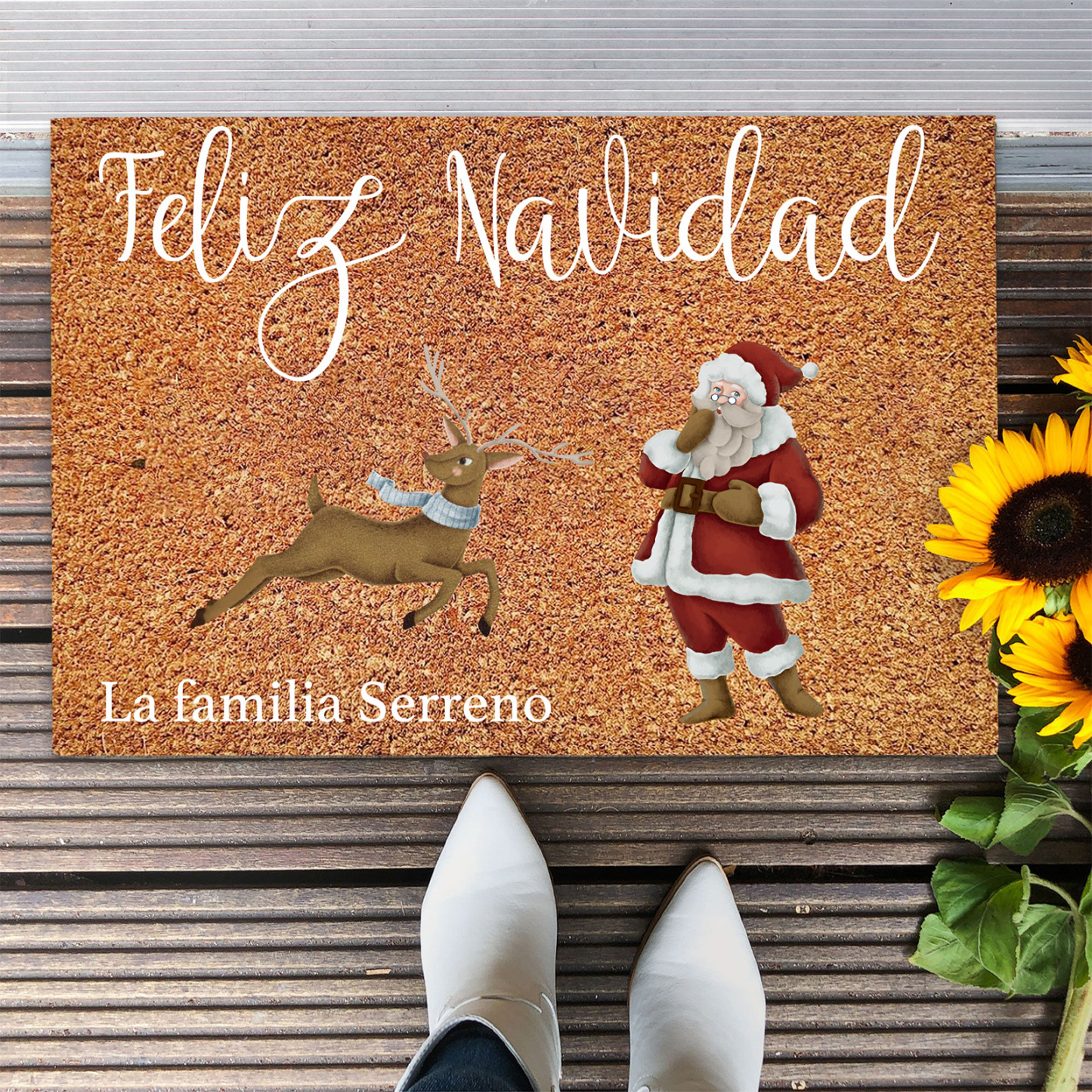 Navidad-felpudo/alfombra de entrada reno y Noel personalizado con 1 texto-Jessemade ES
