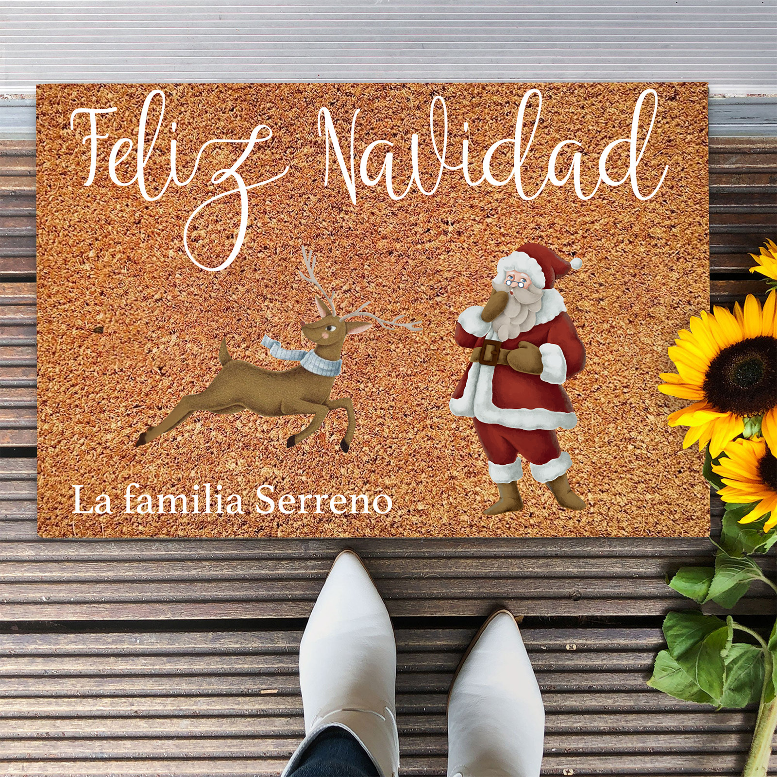 Navidad-felpudo/alfombra de entrada reno y Noel personalizado con 1 texto-Jessemade ES
