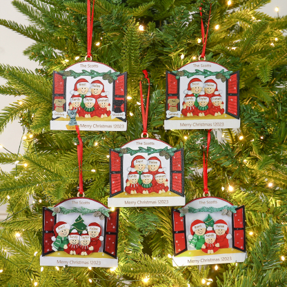 Navidad-Ornamento muñecos navideño de madera familia de 5 con perro y 2 textos y año personalizados adorno del árbol-Jessemade ES