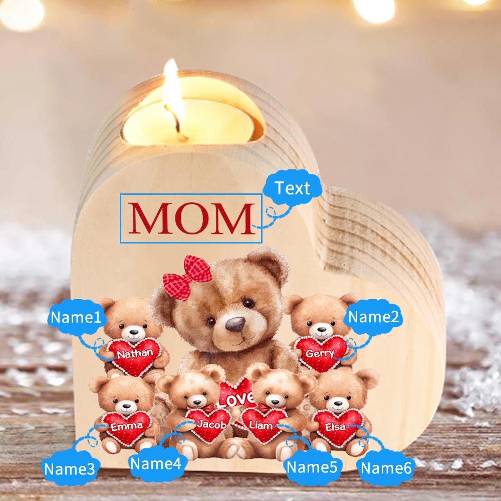 A mi mamá/abuela-Candelero osos 1-6 nombres y 1 texto personalizados en forma de corazón de madera sin candela-Jessemade ES