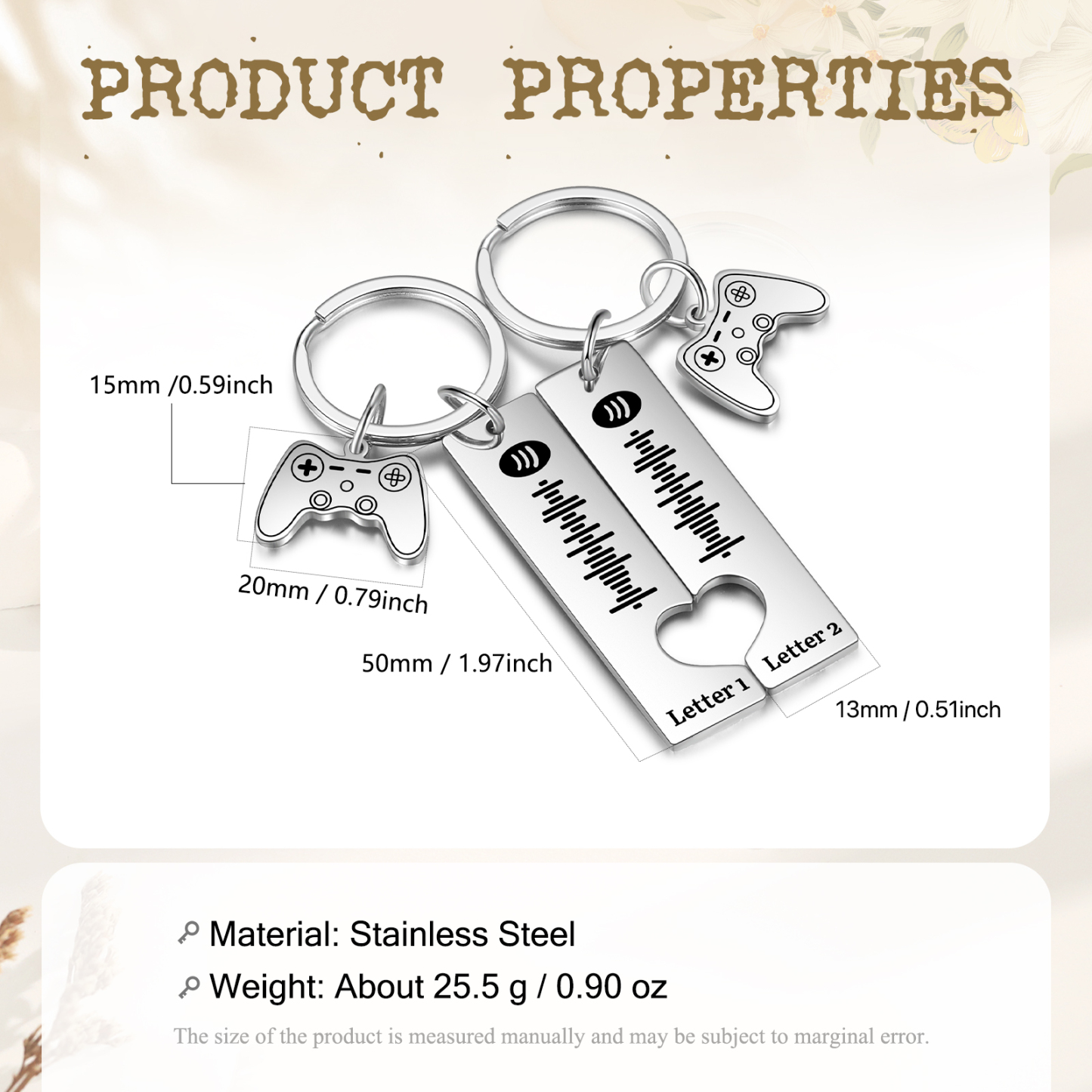 Llavero para pareja 2 letras personalizadas con código de Spotify dije de mando