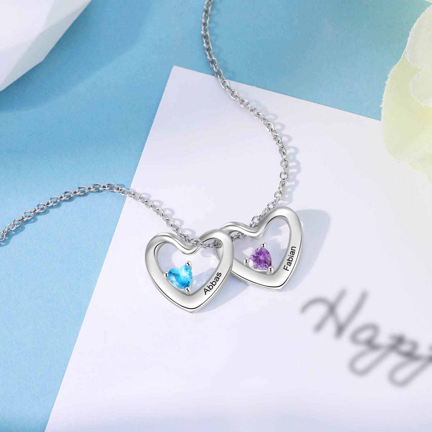 Collar colgante de corazones con 2 nombres y 2 piedras de nacimiento personalizados-Jessemade ES