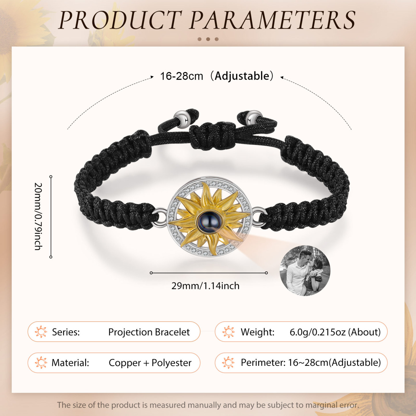 Pulsera con proyección de foto con dije de girasol cuerda negra-Jessemade ES