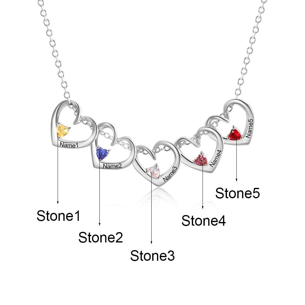 Collar de corazones con 1-5 nombres personalizados con piedras de nacimiento
