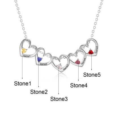 Collar de corazones con 1-5 nombres personalizados con piedras de nacimiento