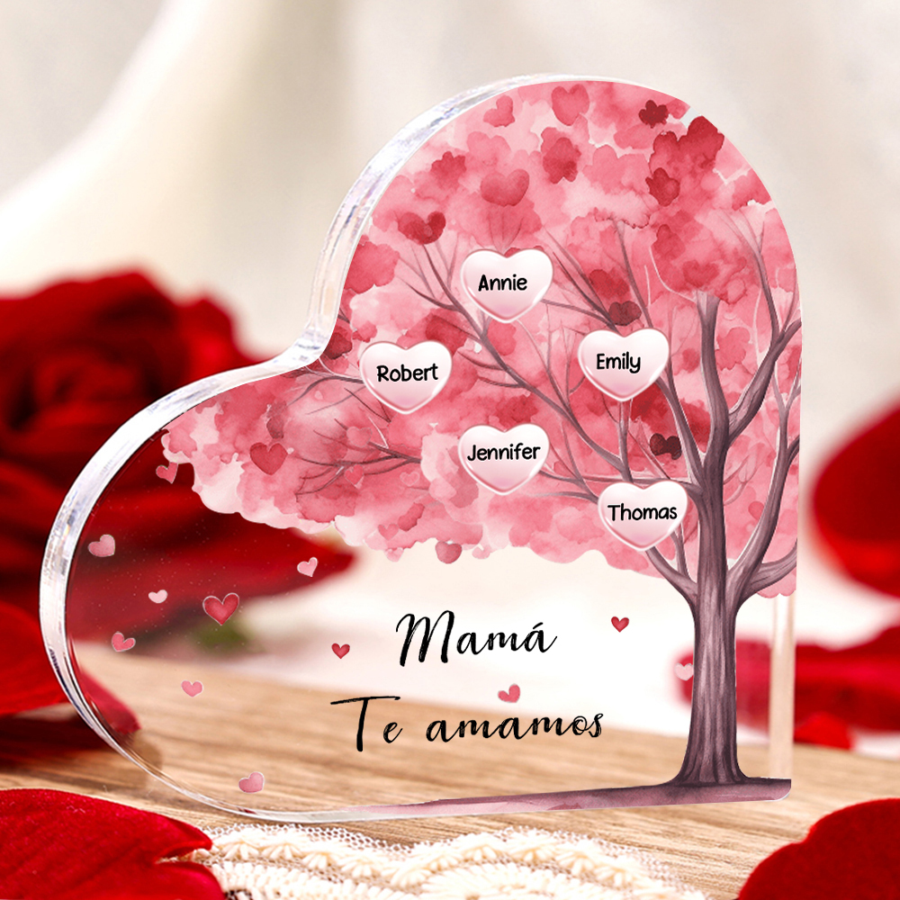 A mi mamá/abuela-Placa de acrílico "Árbol" en forma de corazón 5 nombres y 1 texto personalizados-Jessemade ES