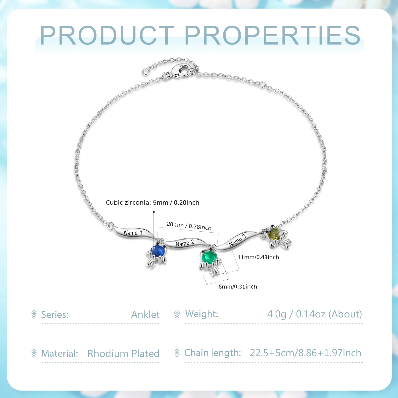 Pulsera de tobillo 1-6 nombres y piedras personalizados con dije de pececito-Jessemade ES