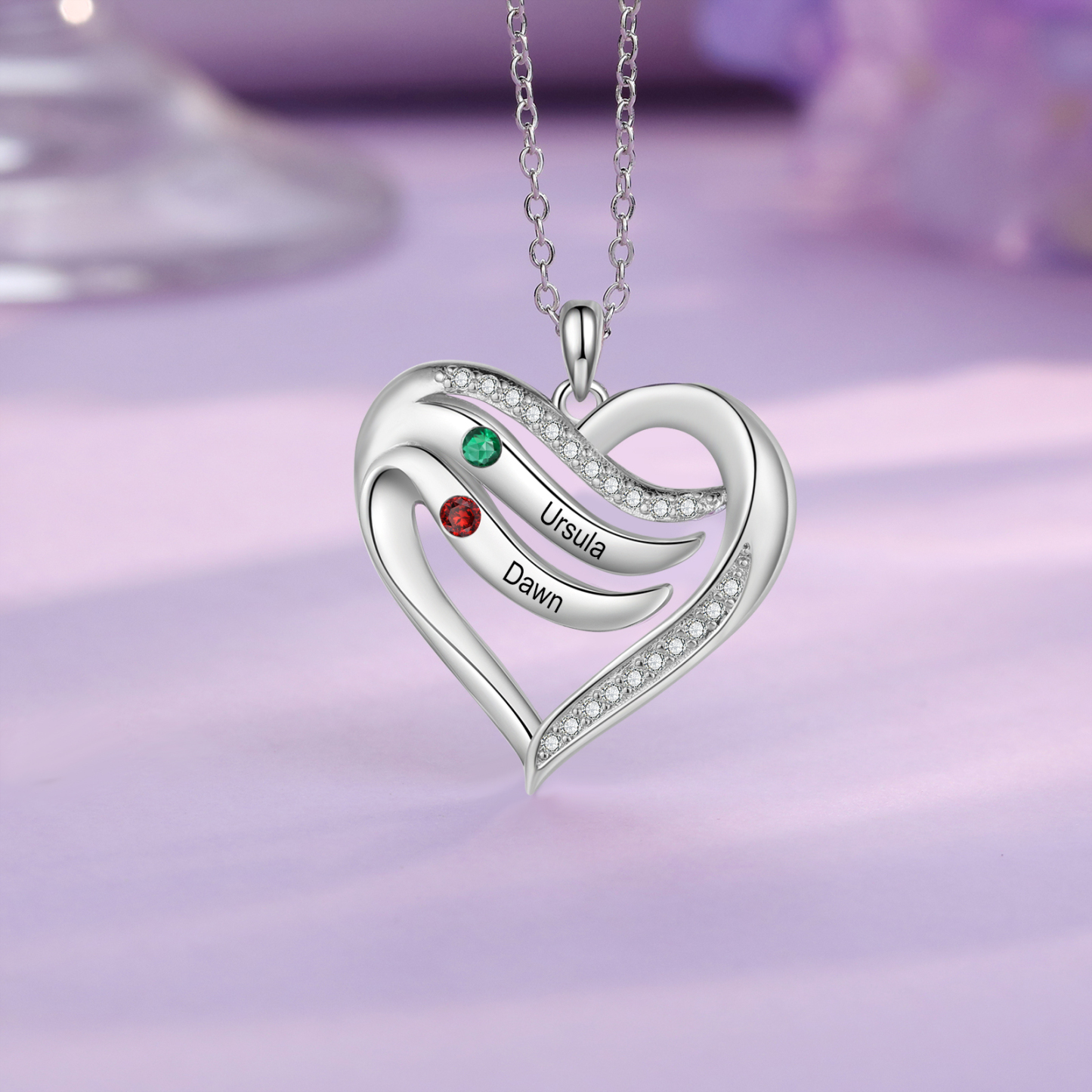 Collar de corazón de plata 925 con 2 nombres y piedras de nacimiento personalizados-Jessemade ES