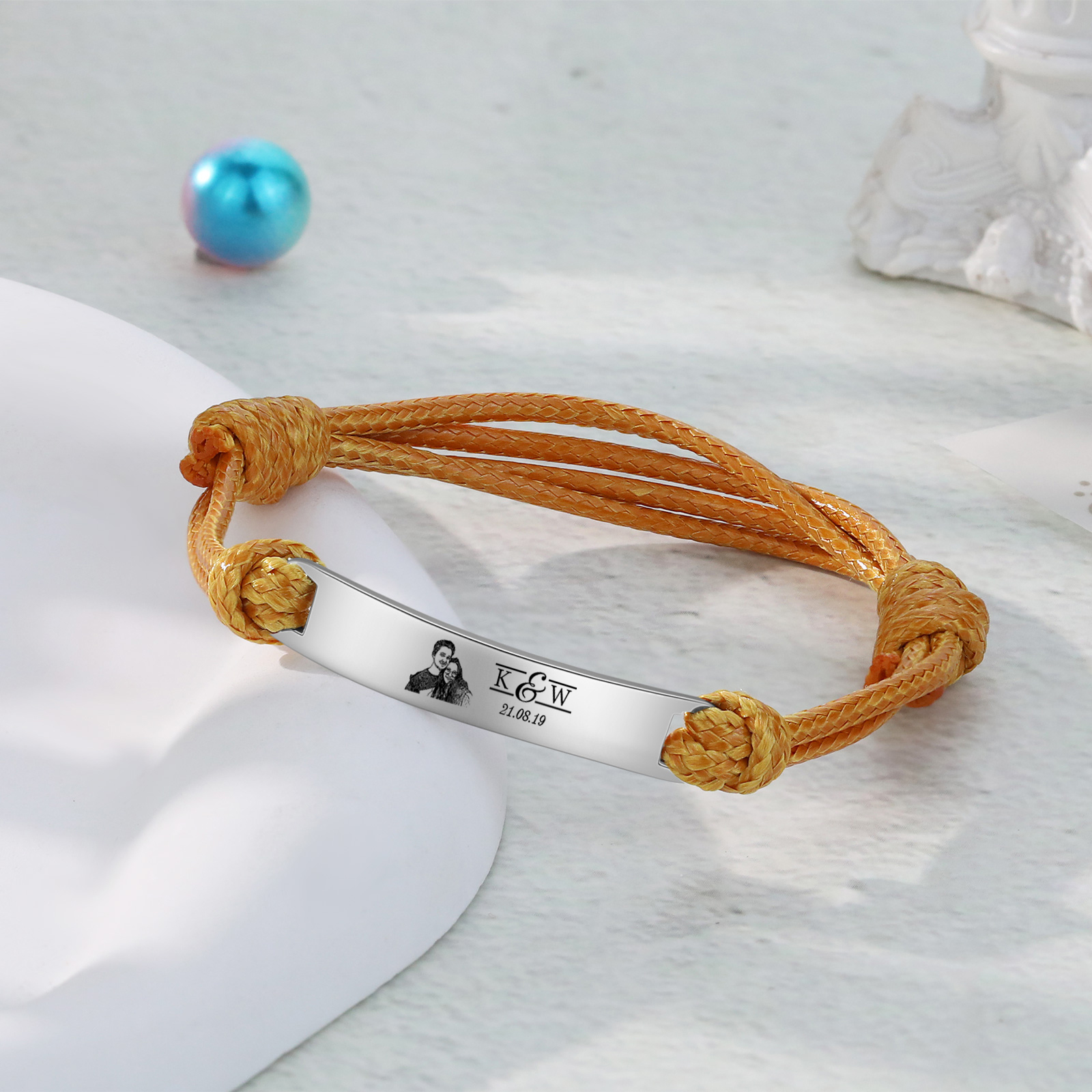 Pulseras de cuerda con placa personalizada con 2 letras, fecha y foto-Jessemade ES