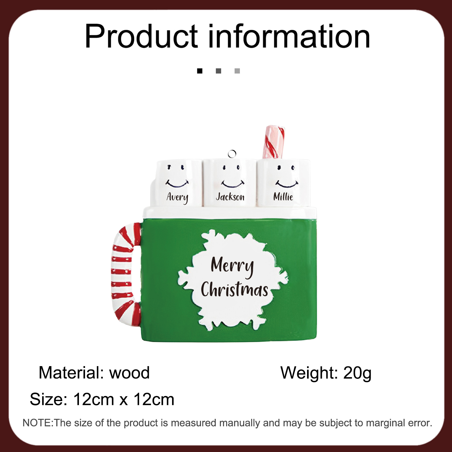 Navidad-Ornamento muñecos navideño de madera taza 3 nombres y 1 texto personalizados adorno del árbol-Jessemade ES