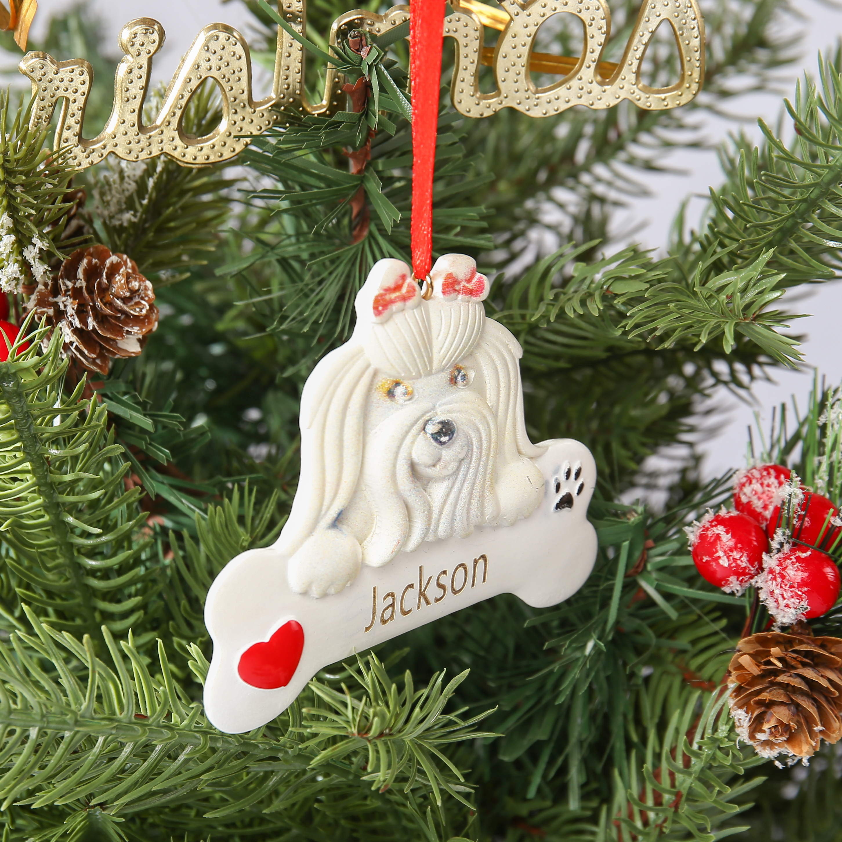 Navidad-Ornamento navideño de resina mascota perro Bichón maltés 1 nombre personalizado adorno del árbol-Jessemade ES