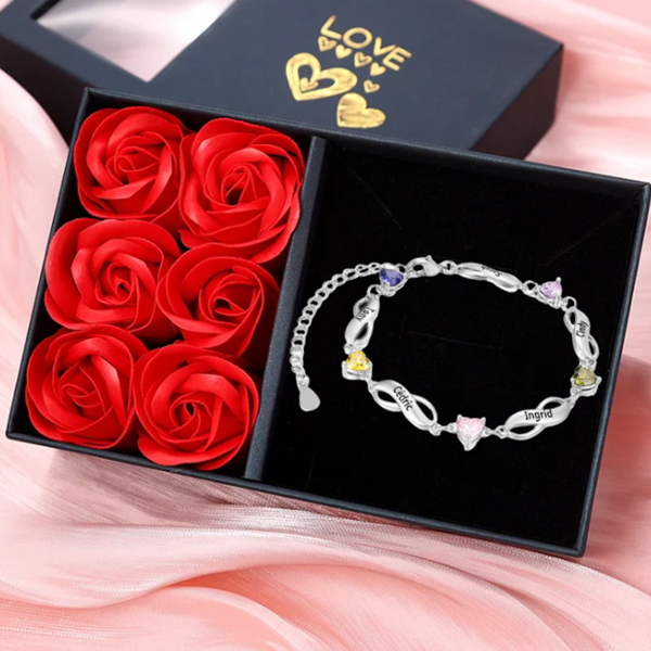 Pulsera "infinito" personalizada con 5 nombres y 5 piedras de nacimiento de corazón-Jessemade ES