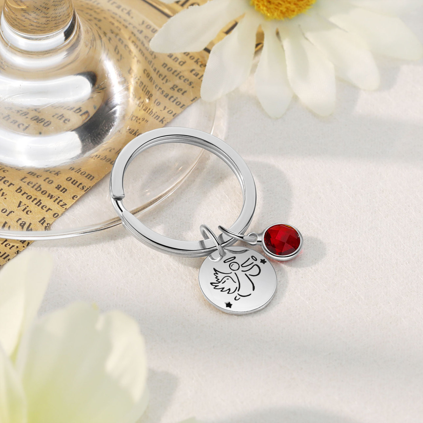 Llavero con colgante de ángel amuleto de guardia personalizado con 1 texto y 1 piedra-Jessemade ES