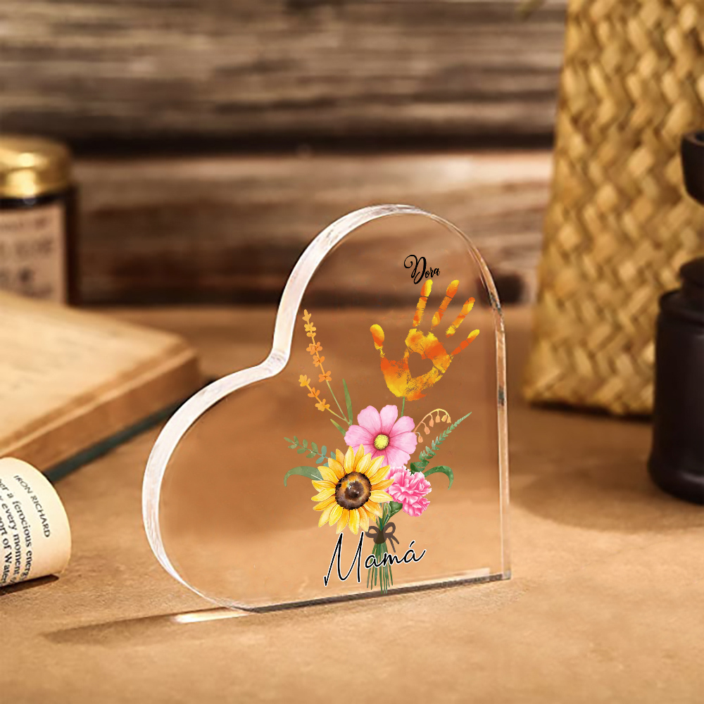 A mi mamá-Placa de acrílico en forma de corazón flor y manitas 1-5 nombres personalizados-Jessemade ES