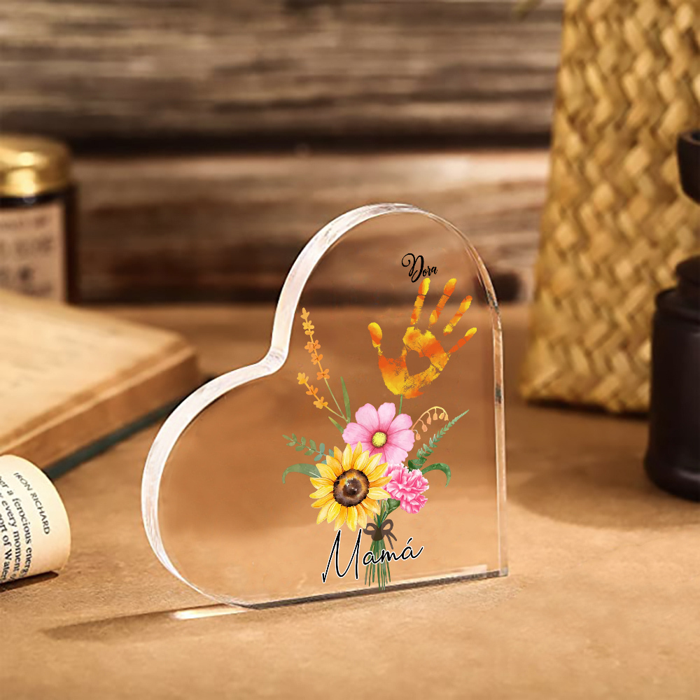 A mi mamá-Placa de acrílico en forma de corazón flor y manitas 1-5 nombres personalizados-Jessemade ES