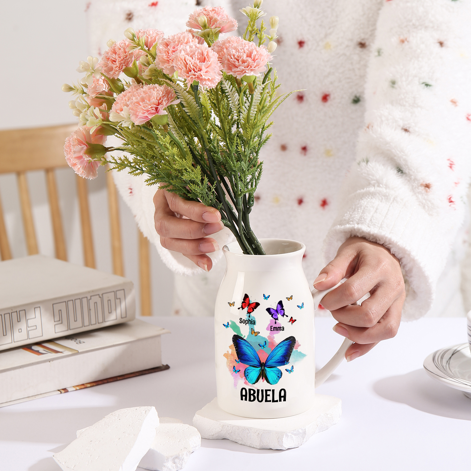 Florero de cerámica mariposas 2-8 nombres personalizados con texto decoración del hogar-Jessemade ES