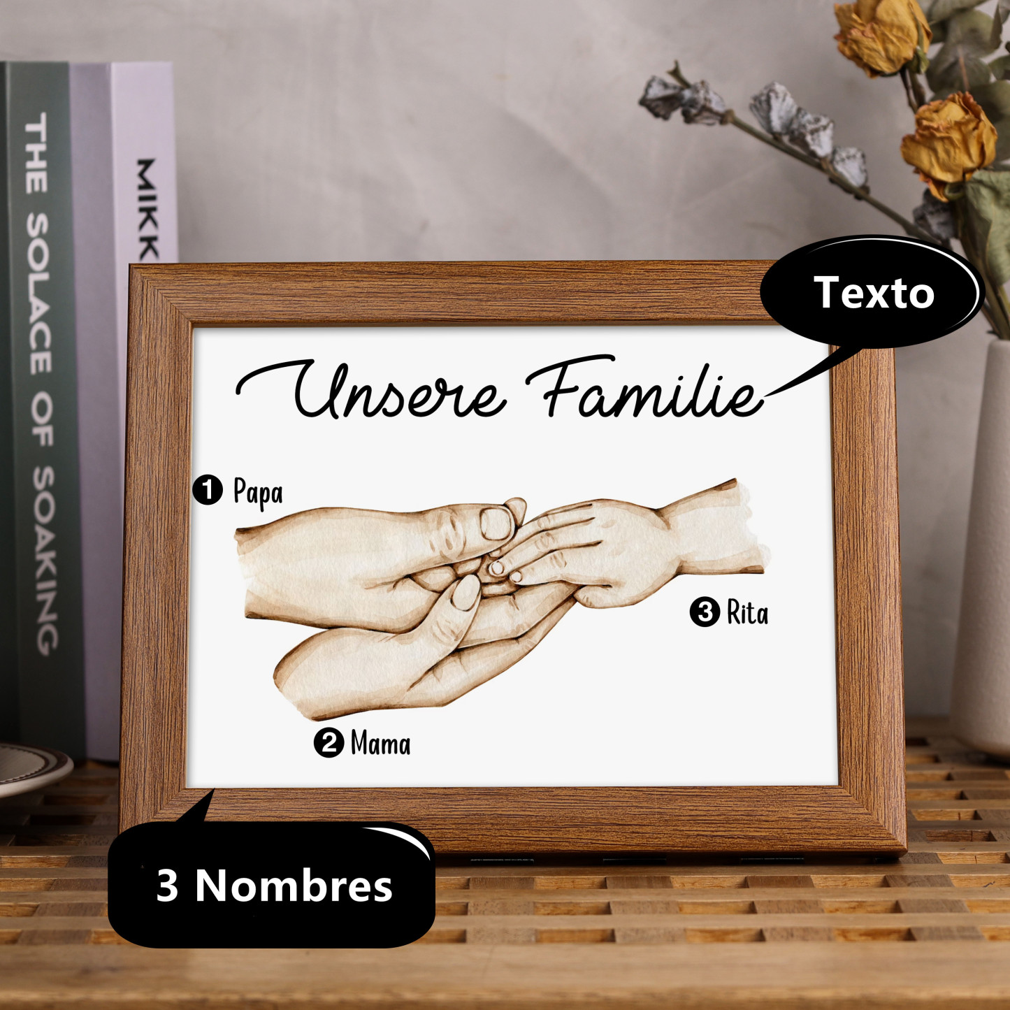 A mi papá-Marco de madera mano a mano 3 nombres personalizados con texto-Jessemade ES