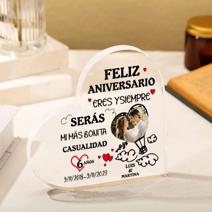 Valentín-Placa de acrílico en forma de corazón aniversario con foto, número, fecha y nombres personalizados-Jessemade ES