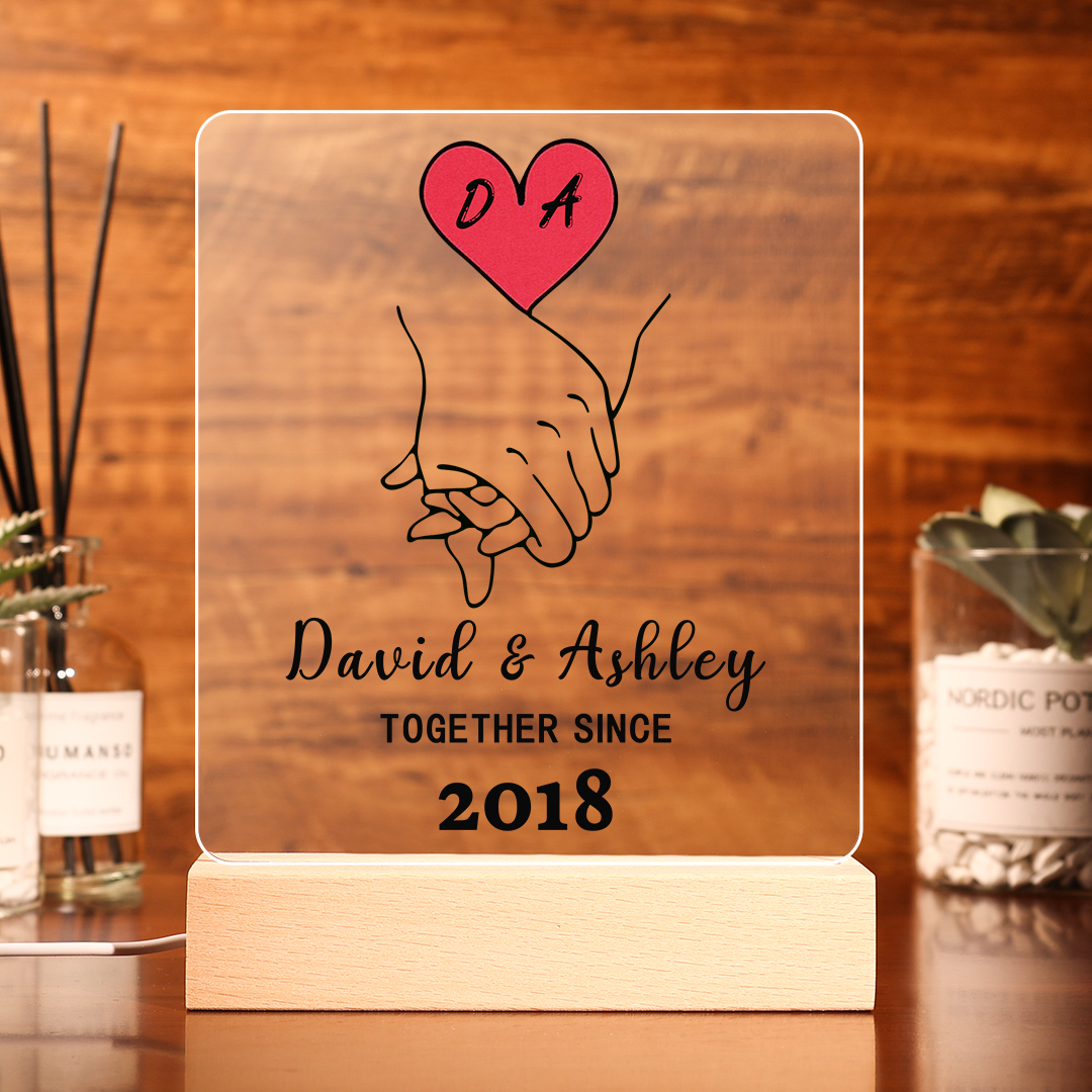 Lámpara manos cogidas para pareja 3D Ilusión Luz de Noche LED 2 letras, 2 nombres, texto y año personalizados -Jessemade ES