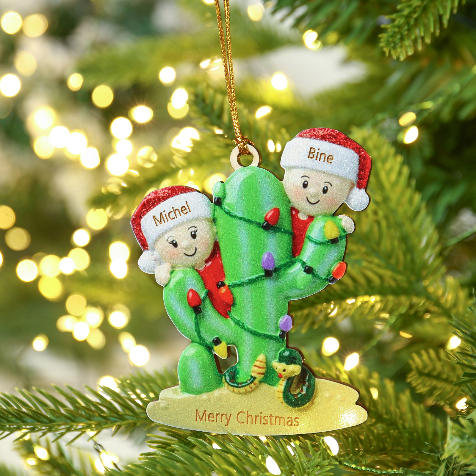 Navidad-Ornamento muñecos navideño de madera cactus 2 nombres y 1 texto personalizados adorno del árbol-Jessemade ES