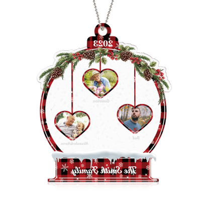 Navidad-Ornamento navideño de acrílico bola de cristal con 3 nombres, 3 fotos y 1 texto personalizados-Jessemade ES