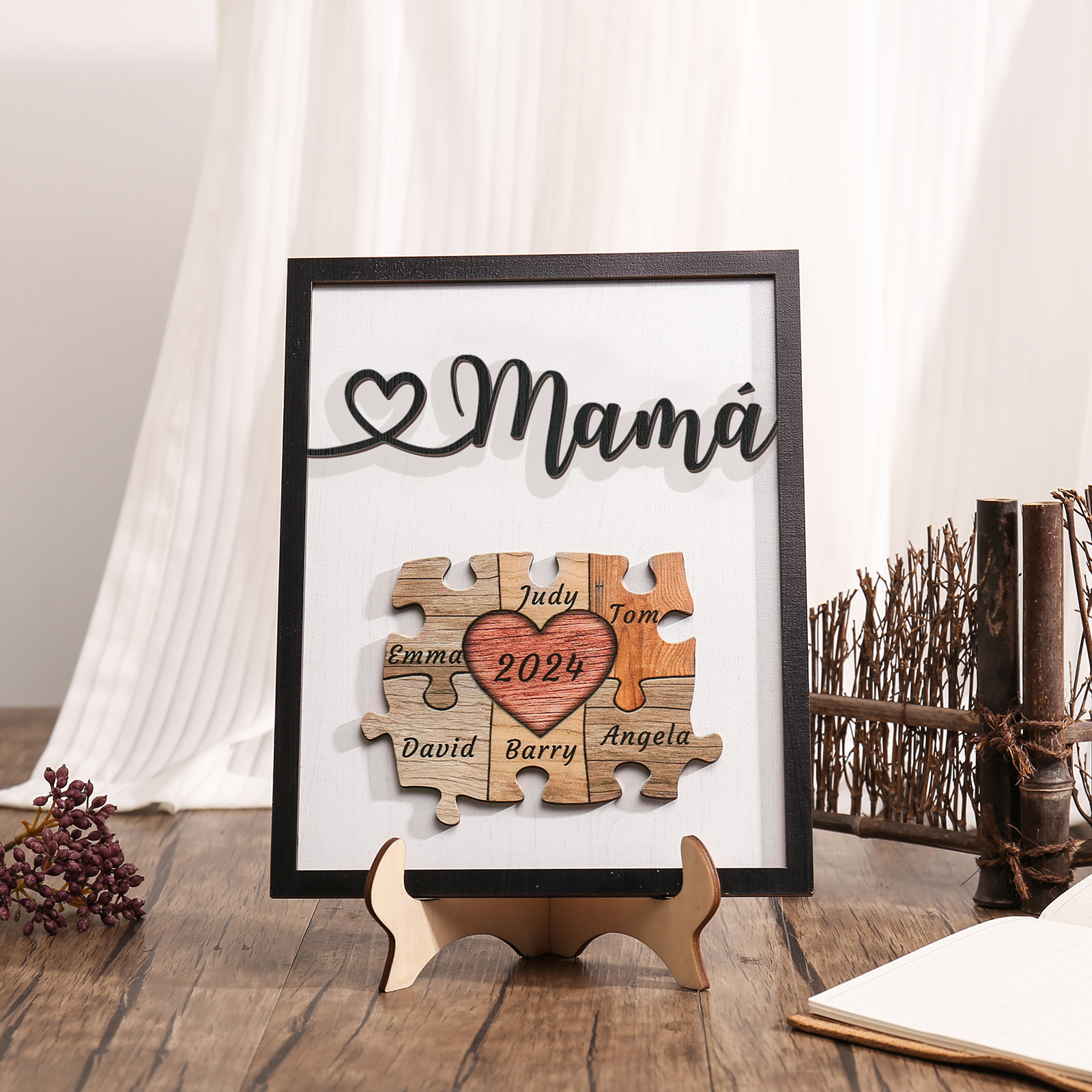 A mi mamá-Adorno 2-6 nombres y año personalizados decoración de madera rompecabezas-Jessemade ES