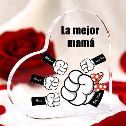 A mi mamá/abuela-Placa de acrílico "Puños" en forma de corazón 5 nombres y 1 texto personalizados-Jessemade ES