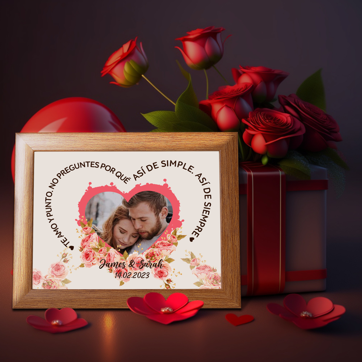 Marco de 1 foto de madera para pareja 2 nombres y fecha personalizados-Jessemade ES