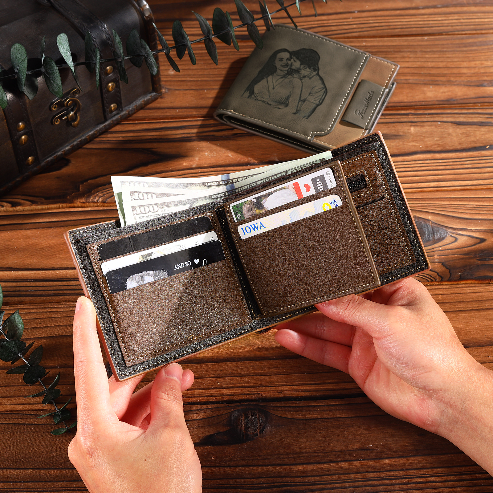 Cartera, billetera personalizada con 1 foto, 1 nombre y 1 letra monedero para hombre-Jessemade ES