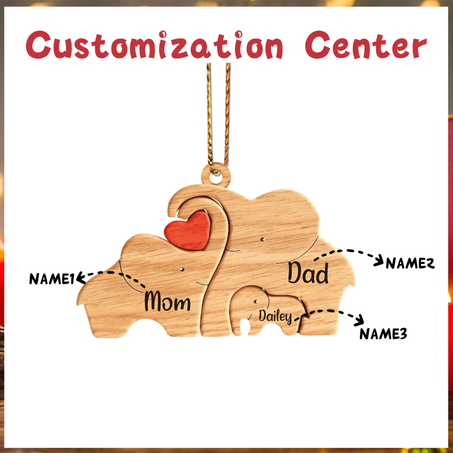 Navidad-Ornamento muñecos navideño de madera familia de elefantes 3 nombres personalizados adorno del árbol-Jessemade ES